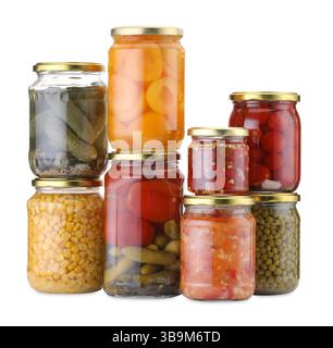 Many jars with different pickled products isolated on white Stock Photo