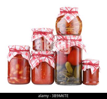 Many jars with different pickled products isolated on white Stock Photo