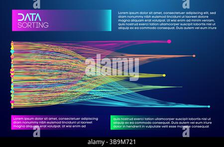 The image displays structured, colorful data lines converging and diverging on a dark gradient background, symbolizing organized data sorting. Bright Stock Vector