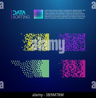 Grid patterns and colorful pixel-like squares represent organized data in an abstract form. The vibrant arrangement reflects modern data sorting and a Stock Vector