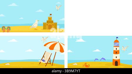 Colorful lighthouse overlooking playful dolphins and crabs on a sunny beach day Stock Vector