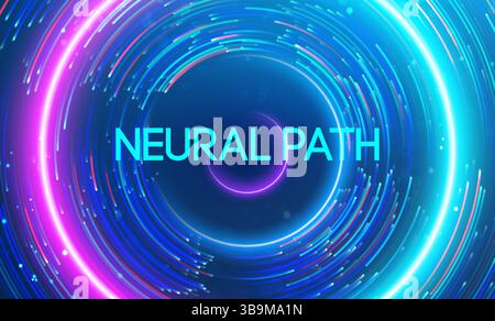 The phrase 'Neural Path' is centered in a vibrant neon swirl, symbolizing futuristic neural networks and digital intelligence. Stock Vector