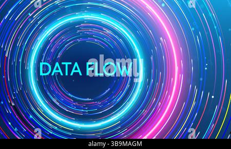 An artistic representation of data flow using glowing circular light streaks on a deep blue gradient, symbolizing technology and motion. Stock Vector