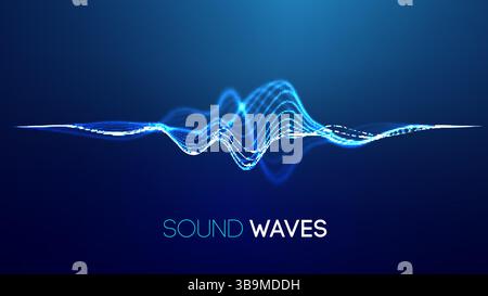 Sound waves on blue background. Curve radio wave digital signal. Digital technology background. Stock Vector