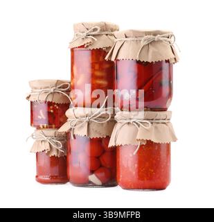Many jars with different pickled products isolated on white Stock Photo