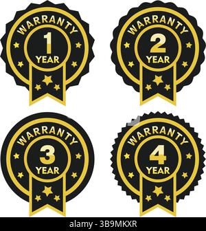 Gold and black warranty badge set for 1 to 4 years, vector label icons for guarantee, quality assurance, product protection, certified seal Stock Vector