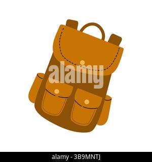 Brown leather backpack with multiple pockets designed for outdoor adventures and travel Stock Vector
