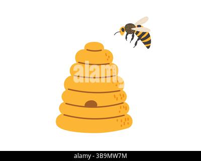Busy bee hovering near a honeycomb structure in a bright setting Stock Vector