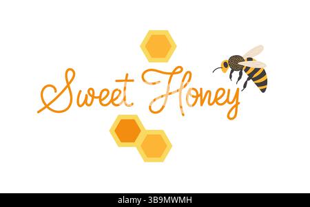 Creative honey-themed design featuring bee and hexagons with cheerful typography Stock Vector
