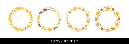Decorative honey-themed circles featuring bees and honey jars for crafts and design Stock Vector