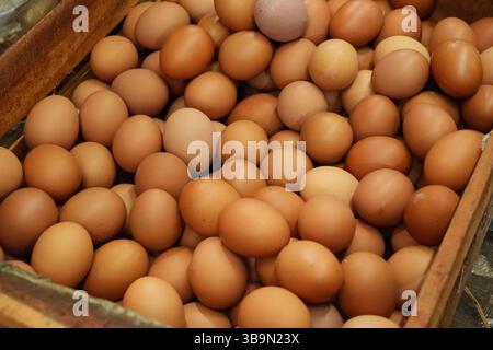 Brown Eggs in Wooden Crate Stock Photo