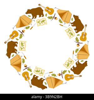 Creative camping circle design featuring tents, bears, and musical instruments Stock Vector