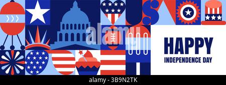 USA Independence Day vector flat illustration. Modern geometric design with American flag elements and patriotic symbols on color squares. 4th of July Stock Vector