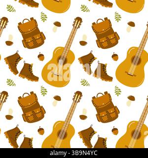 Pattern of outdoor adventure elements featuring guitars, boots, and backpacks on a light background Stock Vector