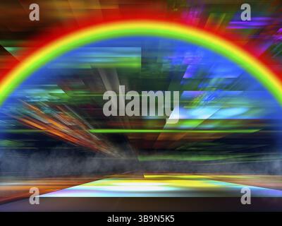 Abstract sci-fi 3d illustration with rainbow and fog. Horizontal composition with perspective effect. High technology or esoteric background Stock Photo