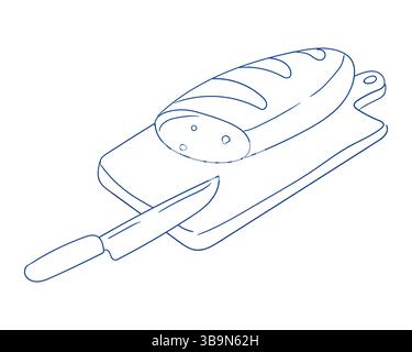 Bread loaf on a cutting board with knife ready for slicing during a kitchen preparation session Stock Vector