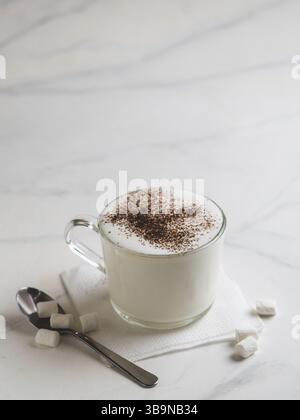 Babyccino - whipped milk or cream with cocoa or cinnamon powder and marshmallow. Idea and recipe for kids drink - warm whipped milk, without coffee. B Stock Photo