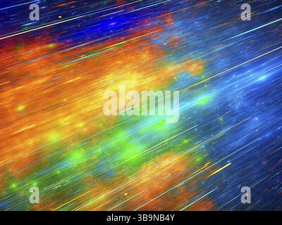 Blurred multicolored background with motion blur effect - abstract illustration. Digital art - fractal. Chaos spots and glowing lines. Space or future Stock Photo