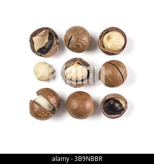Heap of macadamia nuts on white background with clipping path.. Set of peeled and unpeeled macadamia nuts isolated on white, top view or flat lay. Squ Stock Photo