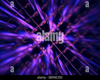 Neon glowing stripes with motion blur effect - abstract 3d illustration. Inclined planes with perspective effect. Blue and purple colors. Data science Stock Photo