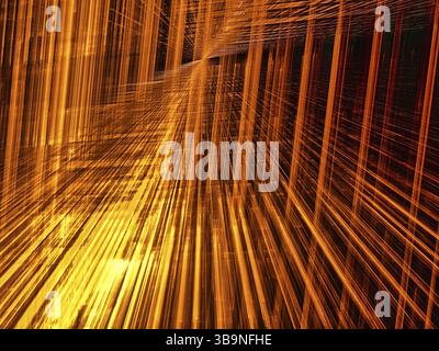 Golden tunnel - abstract computer generated 3d illustration. Corridor or hall with curved walls and light effects. Digital art - fractal. Information Stock Photo