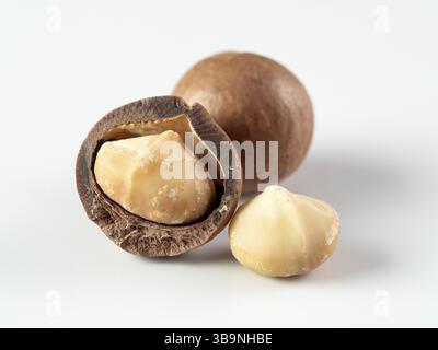 Three peeled macadamia nuts on white background. Set of three macadamia nuts - whole unshelled, with open shells, and shelled. isolated on white. Copy Stock Photo