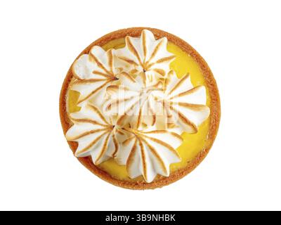 Mini cake decorated with whipped egg whites meringue. Mini lemon tart with burnt meringue isolated on transpaarent background Stock Photo