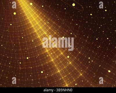 Golden technology background with grid, glowing dots and rays of light- abstract illustration. Digitally generated image - fractal. Sci fi or vr backd Stock Photo