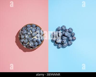 Blueberries mini tart and heap of fresh ripe blueberries on duotone blue and pink background. Fresh blueberry tart as summer food concept with hard sh Stock Photo