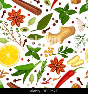 Spices and herbs seamless pattern. Flat cartoon vector plant illustration. Natural herbal background. Fabric, wrapping paper, textile print, package d Stock Vector