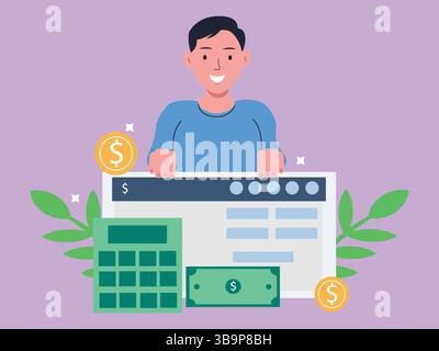 Flat vector illustration of Salary payment, Online payroll on Computer screen and calculator calculation flat cartoon.Financial and Business concept Stock Vector