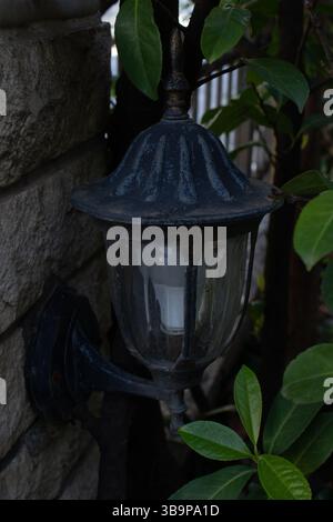 Rustic black metal outdoor lantern mounted on a stone wall, partially hidden by lush green leaves. Stock Photo