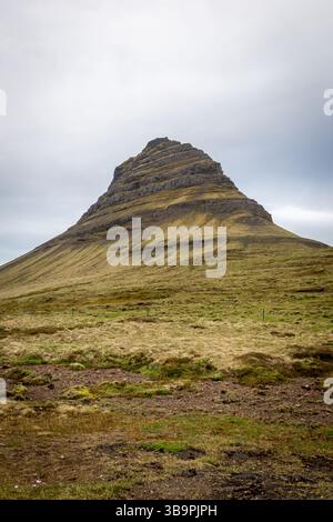 Kirkjufell Mountain (Church Mountain), grassy hill on the north coast of Iceland's Saefellsnes peninsula, Iceland. Stock Photo