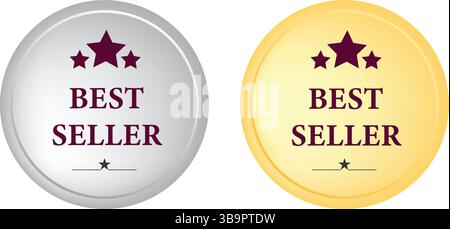 Best Seller Badges with Maroon Stars on Gold and Silver Circular Labels Stock Vector