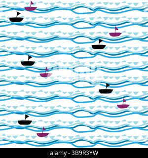 Seamless pattern with blue stripes and doodle boat icon; waves abstract graphic design Stock Vector