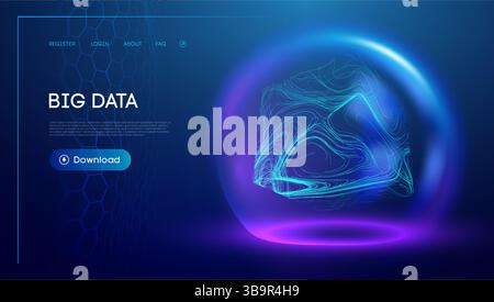 Digital big data cube ai tech background. 3d abstract blue artificial line box. Computer science semiconductor quantum network. Fintech technology Stock Vector
