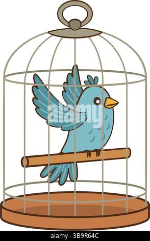 Cute blue bird in a cage. Hand drawn Flat style home feathered pet. Ideal for children’s books, stickers, animal blogs, mugs, pet care content, cheerful digital art Vector illustration Stock Vector