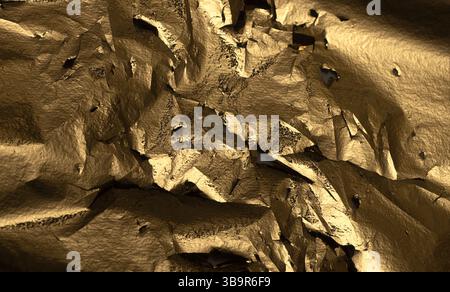 Golden metallic foil texture with crumpled, torn, and rugged edges. Shiny, reflective surface with dramatic shadows and a grunge, distressed aesthetic Stock Photo
