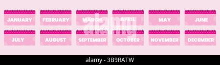 Set of Twelve Pink Calendar Month Icons January to December Vector Illustration Stock Vector