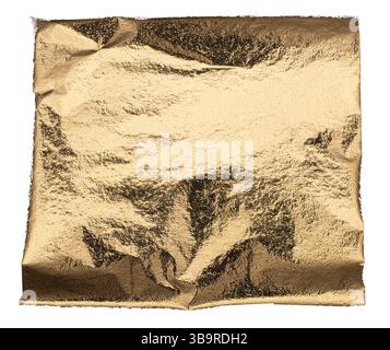 Crumpled square sheet of metallic gold foil with deep folds and textured reflections, offering a luxurious yet raw aesthetic. isolated on white Stock Photo