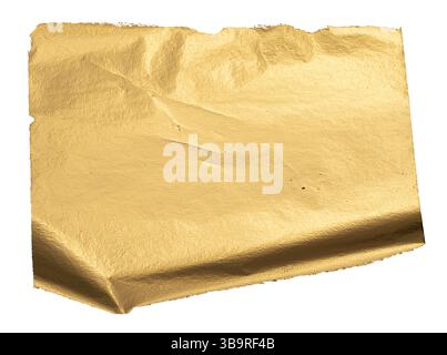 Gold metallic foil background with a crumpled, folded sheet. Shiny, reflective surface with a warm yellow hue and shimmering gloss. Isolated on white Stock Photo