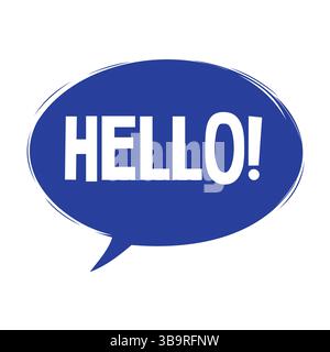 Blue comic speech bubble with the word hello in bold white capital letters on clean white background Stock Vector