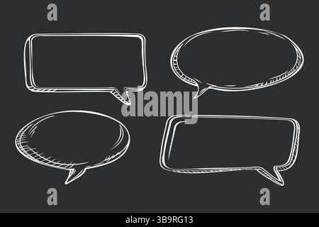 Set of four hand-drawn white speech bubbles with sketchy outlines on dark background in comic style Stock Vector