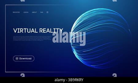 Virtual reality technology with abstract glowing sphere, futuristic blue background, immersive digital experience, 3D simulation concept, and modern Stock Vector