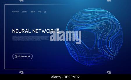 Neural networks technology with abstract glowing sphere, futuristic blue background, deep learning systems, artificial intelligence computing, and Stock Vector