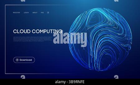 Cloud computing technology with abstract glowing sphere, futuristic blue background, digital data storage, network infrastructure, and modern UI Stock Vector