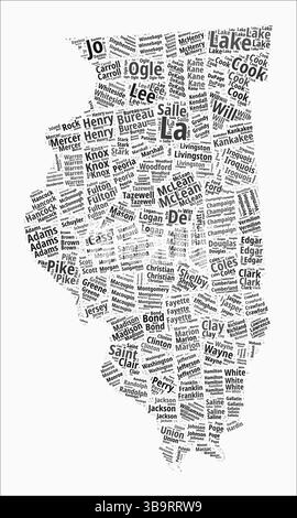 Illinois Text Style Counties. State region names word clouds in English language. Beautiful vector illustration. Stock Vector
