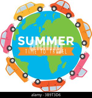 different cars drive around the world isolated vector illustration Stock Vector