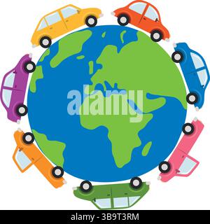different cars drive around the world isoalted vector illustration Stock Vector