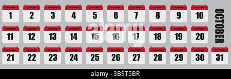 October Calendar Days Full Month Set, Dates 1st to 31st Vector Illustration Stock Vector